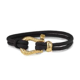 Stainless Steel and Black Cord Gold U Lock Clasp Bracelet 7.5"