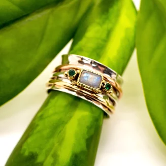 Sterling Silver Moonstone Emerald Spinner Ring