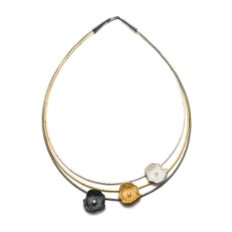 NECKLACE 3 STRANDS, SILVER, GOLD VERMEIL, BLACK OXIDIZED, PETALS WITH CZ, 18"