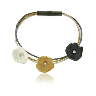 BRACELET SILVER GOLD VERMEIL & OXIDIZED BLACK, 3 STRANDS, 3 x LARGE PETALS 3/4", CLEAR CZs 3mm, SILVER TUBES, 7 5/8"