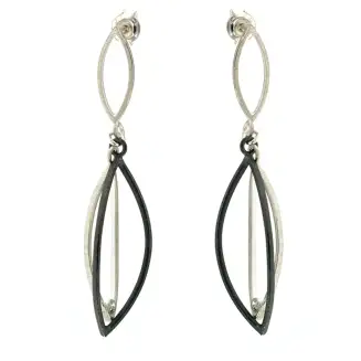 EARRINGS SILVER AND BLACK OXIDATION 2 MARQUISE OUTLINES DROP, POST, 2"