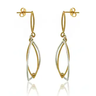 EARRINGS SILVER AND GOLD VERMEIL 2 MARQUISE OUTLINES DROP, POST, 2"
