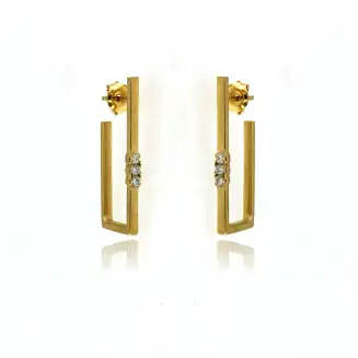 EARRINGS SILVER 24K GOLD PLATED, CZ, RECTANGLE WITH 3 CLEAR CZs 2mm, POST, 1"
