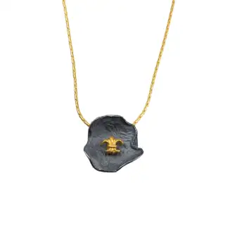 NECKLACE SILVER OXIDIZED BLACK LARGE PETAL PENDANT 3/4", GOLD VERMEIL FLEUR DE LIS, GOLD PLATED CHAIN 17.5"