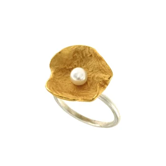 Sterling Silver and Gold Vermeil Petal Ring with Freshwater white Pearl size 7.5 only