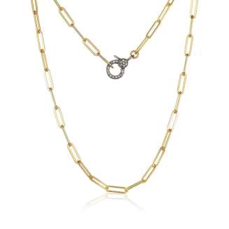 Gold paper clip necklace with Pave diamond clasp
