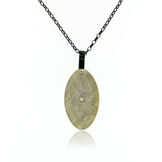 NECKLACE SILVER OVAL WITH CZ PENDANT 1 7/8" WITH BRUSH STROKES FINISH, OXIDIZED SILVER CHAIN 31"