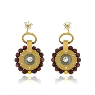 EARRINGS STERLING SILVER GOLD PLATED GOLD CIRCLE W/GARNETS AND CZ, POST, 1 1/8"