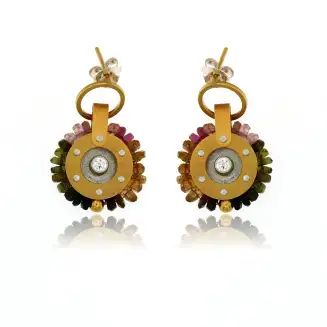 EARRINGS STERLING SILVER GOLD PLATED GOLD CIRCLE W/TOURMALINES AND CZ, POST, 1 1/8"