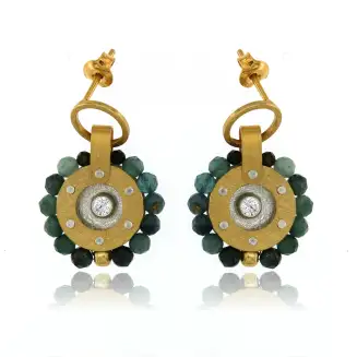 EARRINGS STERLING SILVER 24K GOLD PLATED GOLD CIRCLE W BLUE TOURMALINES AND CZ, POST, 1 1/8"