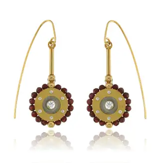 EARRINGS STERLING SILVER GOLD PLATED GOLD CIRCLE W/GARNETS AND CZ, THREADER WIRE, 1 3/4"