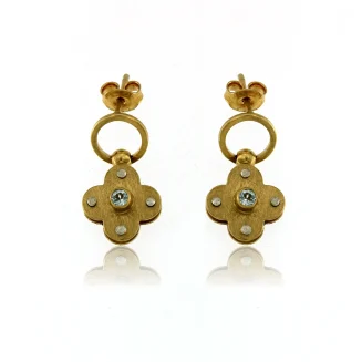 EARRINGS STERLING SILVER GOLD VERMEIL, MOROCCAN QUATREFOIL, CIRCLE, SKY BLUE TOPAZ, POST, 3/4"