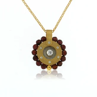 NECKLACE SILVER 24K GOLD VERMEIL, GOLD CIRCLE WITH GARNETS AND CZ PENDANT, CHAIN 17.5 "+ 2"