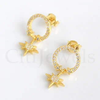 Stud CZ Hoop Earring W/ Dangling Star