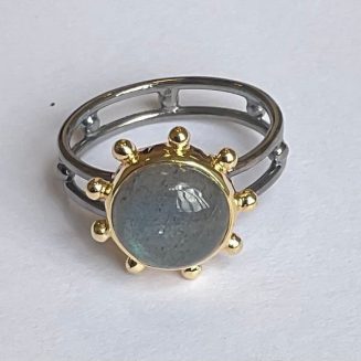 Oxidized sterling double band ring with gold starburst set semi-precious stone
