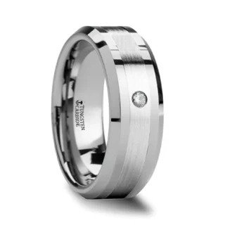 Tungsten Band with Platinum Inlay & Diamond
