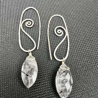 Sterling Silver handmade wire Earrings with Marquis shape Rutilated Quartz