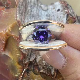 STERLING SILVER AND 14K YELLOW GOLD WEDGE SETTING WITH 9MM AMETHYST CZ