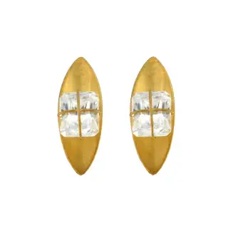 EARRINGS "PRESENT WRAP" SILVER GOLD PLATED CONCAVE MARQUISE 10x8mm CLEAR CZ, POST, 1"  You