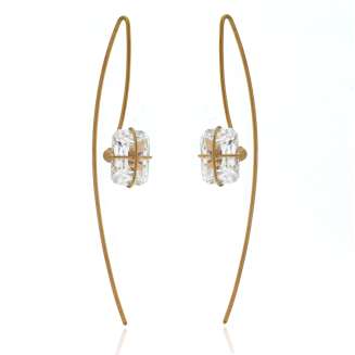 EARRINGS "PRESENT WRAP" SILVER WIRE ROSE OR YELLOW GOLD PLATED THREADER 10x8mm CLEAR CZ, 2"