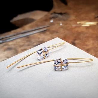 EARRINGS "PRESENT WRAP"  YELLOW GOLD VERMEIL THREADER 10x8mm CLEAR CZ, 2"