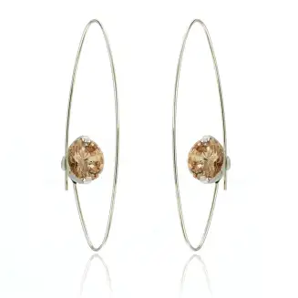 EARRINGS "GALACTIC" SILVER THREADER WITH TEE CUP SHAPE SETTING 9mm CHAMPAGNE CZ, WIRE, 1 7/8"
