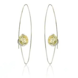 EARRINGS "GALACTIC" SILVER THREADER WITH TEE CUP SHAPE SETTING 9mm LIGHT YELLOW CZ, WIRE, 1 7/8"