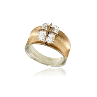 RING SILVER ROSE GOLD PLATED "PRESENT WRAP" CONCAVE BAND, 10x8mm CLEAR CZ SIZE 7 ONLY