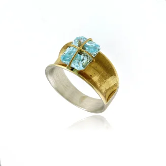 RING SILVER GOLD VERMEIL "PRESENT WRAP" CONCAVE BAND, 10x8mm AQUAMARINE CZ SIZE 7.5 ONLY