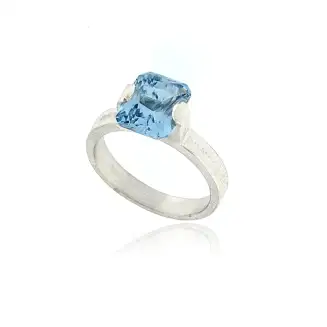 RING SILVER "SIMPLE" 10x8mm AQUA BLUE CREATED SPINEL SET HIGH ON TOP SIZE 7