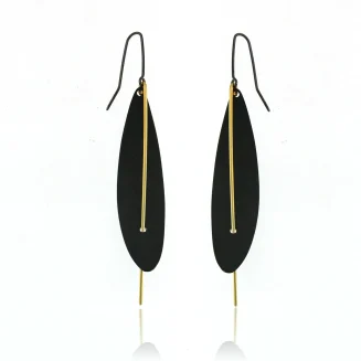 EARRINGS SILVER BLACK OXIDIZED LEAF WITH GOLD VERMEIL WIRE, SILVER OXIDIZED BLACK WIRE, TOTAL 3"