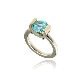 Tension Set SS/14K Yellow Gold with 9mm Aqua CZ