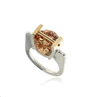 RING SILVER 14K GOLD 12mm CHAMPAGNE CZ, MATTE FINISH