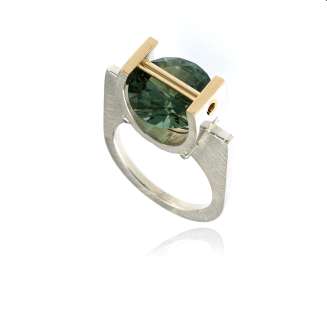 RING SILVER 14K GOLD 12mm TOURMALINE GREEN CREATED SPINEL, MATTE FINISH