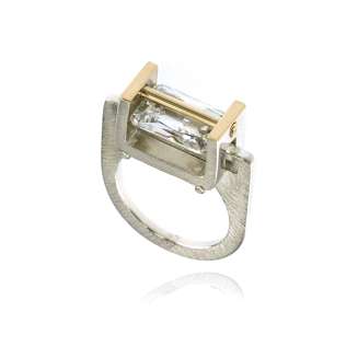 RING SILVER 14K GOLD 12x8mm CLEAR CZ, MATTE FINISH