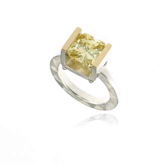 RING SILVER 14K GOLD 9x9mm YELLOW CZ TENSION SET, MOSAIC MATTE FINISH
