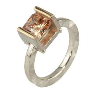 RING SILVER 14K GOLD 7x7mm CHAMPAGNE CZ TENSION SET, MOSAIC MATTE FINISH