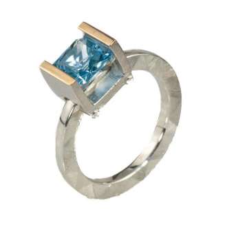 RING SILVER 14K GOLD 7x7mm SWISS BLUE CREATED SPINEL TENSION SET, MOSAIC MATTE FINISH