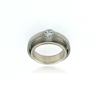 RING SILVER INSIDE & STAINLESS STEEL OUTSIDE BAND 1/4", CLEAR CZ 7mm TENSION SET