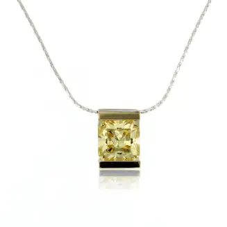 STERLING SILVER , 14k GOLD AND 9X9 SQUARE CUT CANARY YELLOW CZ NECKLACE 18" CHAIN