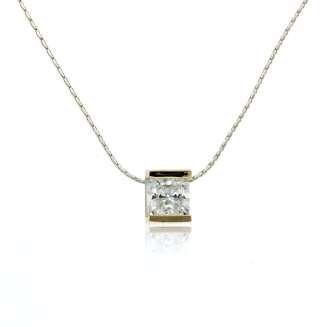 NECKLACE SILVER 14K GOLD SQUARE PENDANT 3/8",7x7 mm CLEAR CZ, SILVER CHAIN 17"