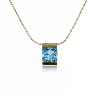 NECKLACE SILVER 14K GOLD SQUARE PENDANT 3/8",7x7 mm swiss blue created Spinel SILVER CHAIN 17"