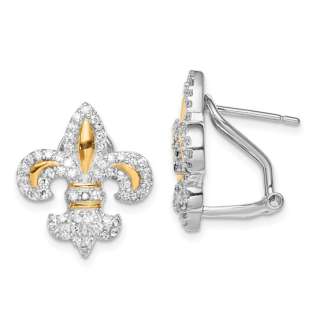 Sterling Silver Rhodium-plated with Gold Tone Vermeil CZ Fleur de Lis Omega Back Earrings