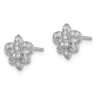 Sterling Silver Rhodium-plated 20 Stone Micro Pavé CZ Fleur De Lis Post Earrings