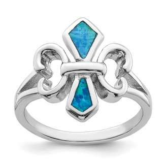 Sterling Silver Rhodium-plated Blue Inlay Created Opal Fleur De Lis Ring