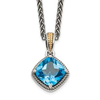 Sterling Silver with 14K Accent 18 Inch Antiqued Cushion Blue Topaz Necklace