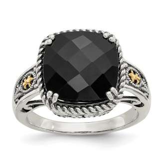 Sterling Silver with 14K Accent Antiqued Checkerboard-cut Black Onyx Ring