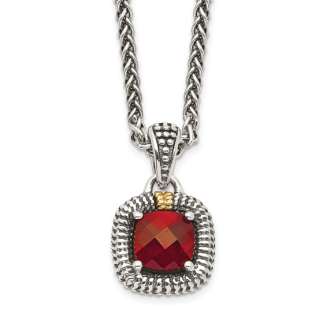 Sterling Silver with 14K Accent 18 Inch Antiqued Checkerboard Bezel Garnet Necklace