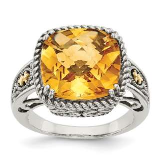 Sterling Silver with 14K Accent Antiqued Cushion Citrine Ring