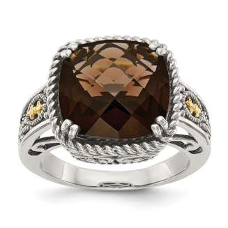 Sterling Silver with 14K Accent Antiqued Cushion Checkerboard Smoky Quartz Ring